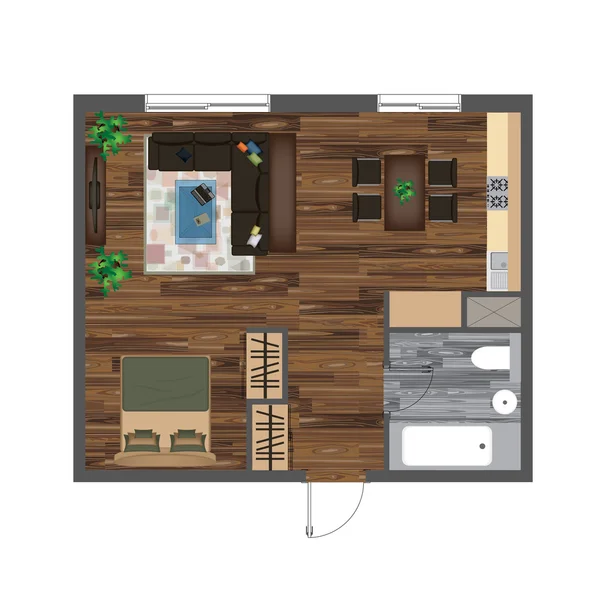 Arkitektoniska färg planritning. Studio lägenhet vektor Illustration. Ovanifrån möbler Set. Vardagsrum, kök, badrum. Soffa, fåtölj, säng, matbord, stol, matta — Stock vektor