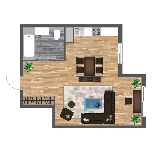 Architektoniczne kolor Plan piętra. Apartament typu Studio wektor ilustracja. Zestaw mebli widok z góry. Pokój dzienny, kuchnia, łazienka. Sofa, fotel, łóżko, stół, krzesło, dywan. — Wektor stockowy