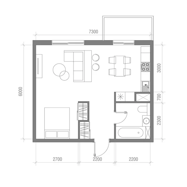 建築フロアプラン寸法。ワンルーム マンションのベクター イラストです。トップ ビューの家具セット。リビング ルーム、キッチン、バスルーム。ソファー、椅子、ベッド、ダイニング テーブル、椅子、カーペット. — ストックベクタ