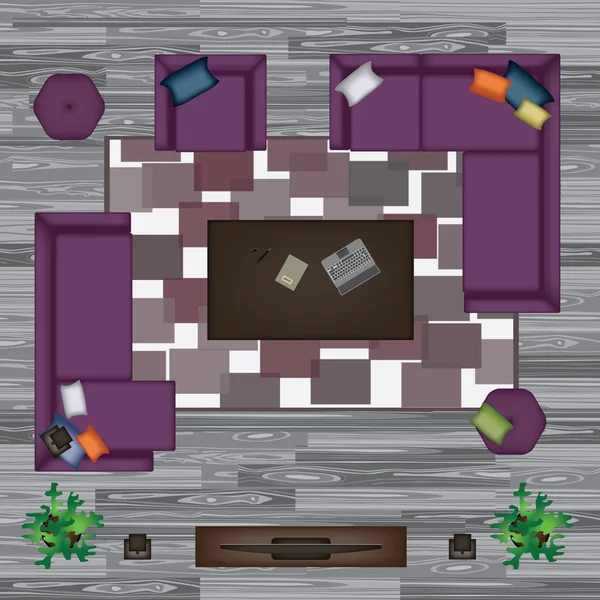 沙发、 扶手椅、 枕头、 地毯、 咖啡桌、 柔润的感觉，植物矢量 Illustration.Furniture Set 为您的设计。场景的创建者。内部的顶视图。建筑平面图。紫色沙发上灰色实木复合地板. — 图库矢量图片