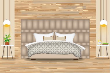 Modern stil iç tasarım vektör Illustration.Bed parke duvar önünde. Yan Tables,Chandeliers,Artwork.Cartoon yatak odası. Yükseklik. Yatak ve mobilya