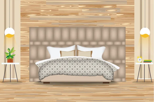 Estilo moderno Design de interiores Vector Illustration.Bed na frente da parede de parquet. Mesas Paralelas, Lustres, Obras de Arte. Elevação. Roupa de cama e mobiliário Ilustrações De Stock Royalty-Free