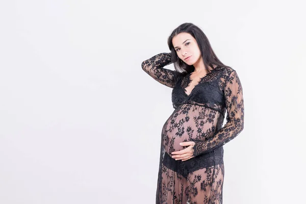 Zwanger Meisje Met Dikke Buik Peignoir Hoge Kwaliteit Foto — Stockfoto