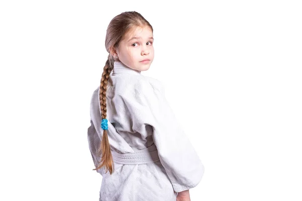 Κορίτσι Κιμονό Τζούντο Στάση Μάχης Απομονωμένο Λευκό Φόντο Υψηλής Ποιότητας — Φωτογραφία Αρχείου