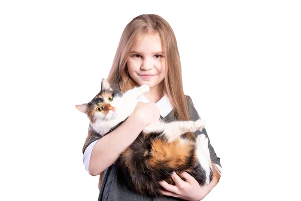 猫のいる女子高生 白い背景に隔離されている 高品質の写真 — ストック写真