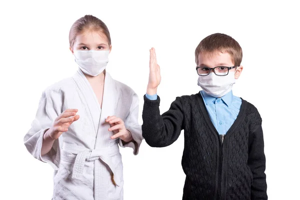 Girl Athlete Hugs Schoolboy Boy Wearing Masks Isolated White Background — Stock Photo, Image