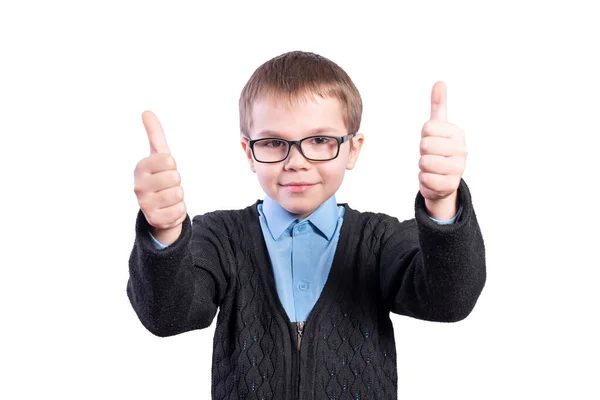 Αγόρι Γυαλιά Δείχνει Τους Αντίχειρες Απομονωμένο Λευκό Φόντο Υψηλής Ποιότητας — Φωτογραφία Αρχείου