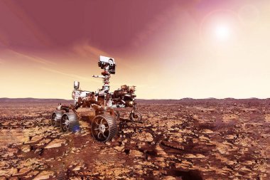 Mars Gezegeni 'nin yüzeyindeki Mars gezgini. Bu görüntünün elementleri NASA tarafından döşendi. Yüksek kalite fotoğraf