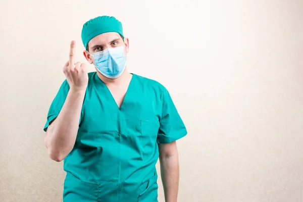 Doctor Mask Cap Shows Indecent Gesture High Quality Photo — Stock Photo, Image