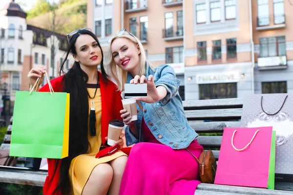 행복 한 사람들 개념-아름 다운 여성의 쇼핑 가방 — 스톡 사진