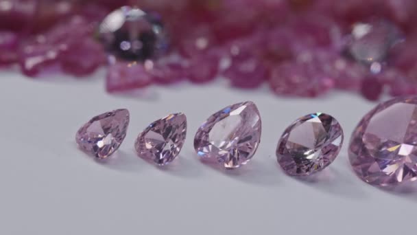 Pink Sapphires Diamonds Different Size One Row White Background Place — Stock Video