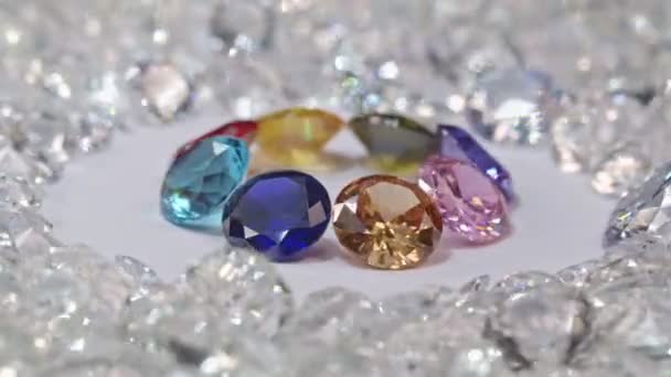 Colorful Diamonds Various Sizes Placed Center Circle White Background Surrounded — Stock Video
