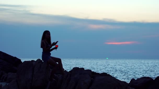 Schöne Junge Frau Mit Einem Glas Wein Und Smartphone Strand — Stockvideo