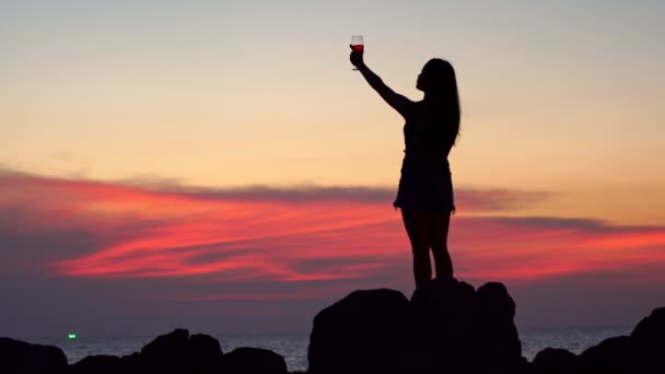 Piękna Młoda Kobieta Szklanką Wina Plaży Podczas Zachodu Słońca — Wideo stockowe