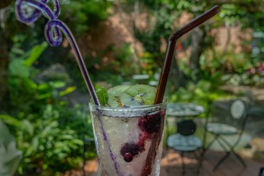 Üzüm suyu, kivi ve soda şeffaf bir bardağa buz koyar.