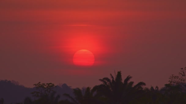 Kırmızı Güneş Sararır Kırmızı Güneş Dağın Zirvesinde Belirdi Yükseldikçe Giderek — Stok video