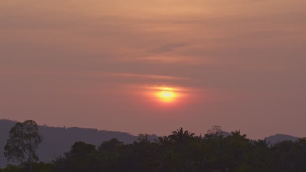 Hermoso Cielo Rojo Salida Del Sol Sobre Las Montañas Boscosas — Vídeo de stock