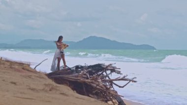 4 bin. Yüksek kaliteli video. Mai Khao sahilinde büyük bir çam kökü çürümesi, gelgit sırasında kütüklere çarpar. İki kadın kökleri üzerinde rahatlamak için mutlu bir şekilde indi..