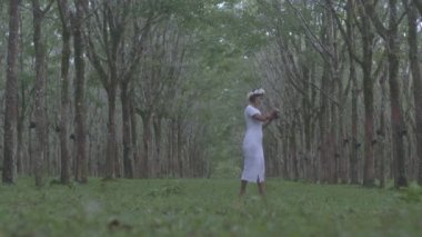 4 bin. Yüksek kaliteli video. Beyaz elbiseli bir kadın kauçuk tarlasında bir resmi temsil ediyor..