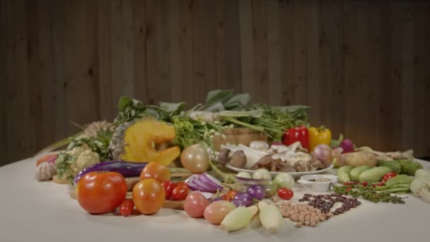 Fresh Vegetables Spices Different Types Mushrooms Placed White Table Wooden — Stock Video
