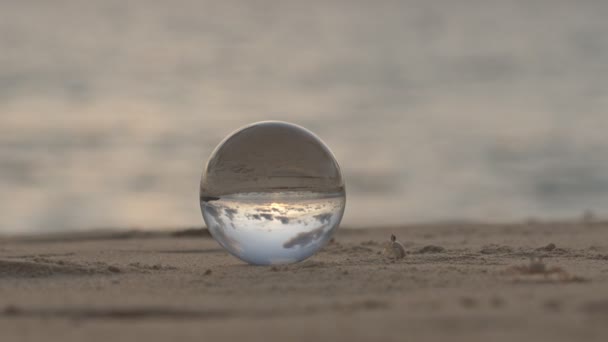 夕日のクリスタルボールの周りをカニが歩く 夕日のビーチでのカニの世界の自然景観は型破りで美しいです ユニークで創造的な旅行のアイデアのための画像 — ストック動画