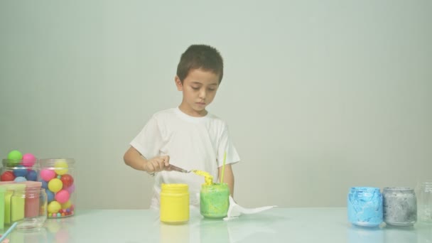 Menino Estava Alegremente Misturando Uma Nova Cor Menino Misturando Cores — Vídeo de Stock