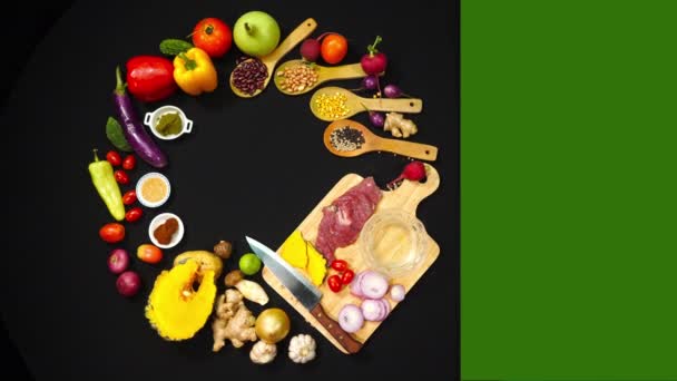 Top View Fresh Meat Cutting Board Fresh Meats Vegetables Spices — Stock Video