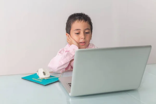 Pembe Tişört Giyen Bir Çocuk Dizüstü Bilgisayarın Mutluluğunu Izliyordu Stüdyo — Stok fotoğraf