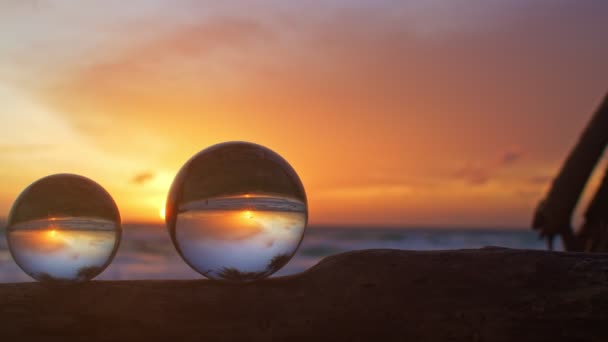 Golden Sunset Three Crystal Balls Placed Timber Beach Beautiful Nature — Stock Video
