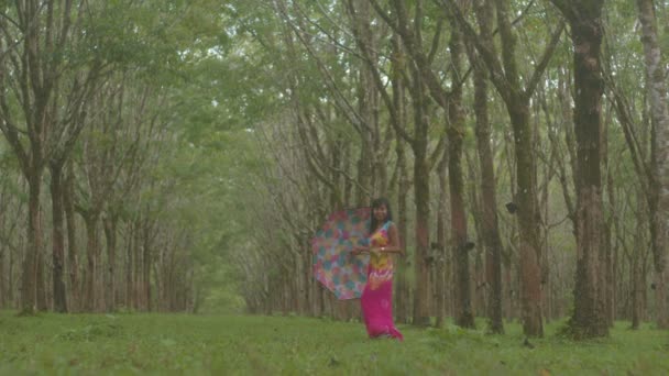 아름다운 드레스를 터널에서 있습니다 고무나무 배경에 고품질 비디오 — 비디오