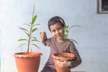 Mutlu bir çocuk Kratom ağacı fidanlarıyla eğlenir..