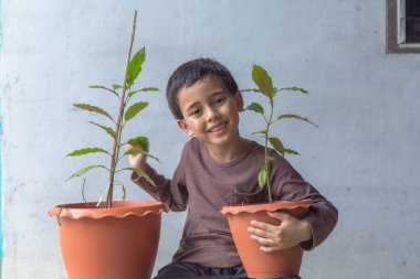 Mutlu bir çocuk Kratom ağacı fidanlarıyla eğlenir..