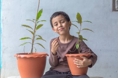 Mutlu bir çocuk Kratom ağacı fidanlarıyla eğlenir..