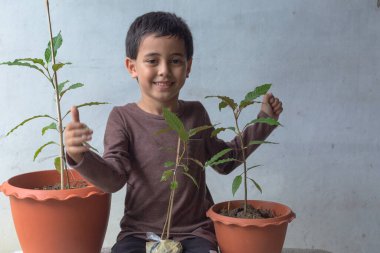Mutlu bir çocuk Kratom ağacı fidanlarıyla eğlenir..