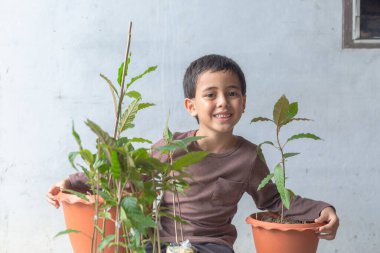 Mutlu bir çocuk Kratom ağaç fideleriyle eğlenir. Sevimli bir çocuk mutlu bir gülümsemeyle bir ağaca sarıldı. Mutlu gülen surat, ağaçları seviyorum. Mutlu çocuğun gülümseyen yüzü rahatla dünya konseptini kurtar.