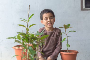 Mutlu bir çocuk Kratom ağaç fideleriyle eğlenir. Sevimli bir çocuk mutlu bir gülümsemeyle bir ağaca sarıldı. Mutlu gülen surat, ağaçları seviyorum. Mutlu çocuğun gülümseyen yüzü rahatla dünya konseptini kurtar.