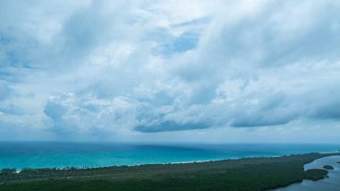 Havadan bakıldığında, bir palmiye bahçesi ile yemyeşil bir orman arasında canlı bir zıtlık var. Tarımsal araziden el değmemiş doğaya geçiş, arazi kullanımı ve çevresel etki örneklerinin vurgulanması.