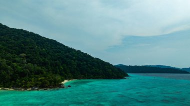 Turkuaz okyanus ve yeşil tepeler