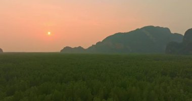 Yeşil tarlaların ve dağların üzerinde gün batımı
