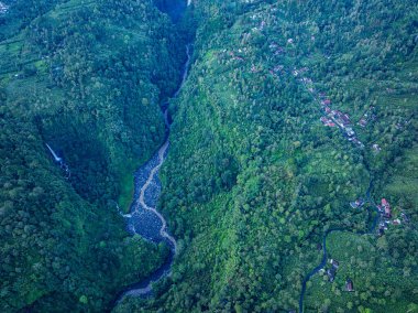 Doğu Java 'da Kabut Pelangi Şelalesi havadan görünüyor. Şelale deresi uzun bir yoldan dağ geçidine akar. Yukarıda köylülerin evi bulunur. Yeşil dağdaki ormanların bolluğu.