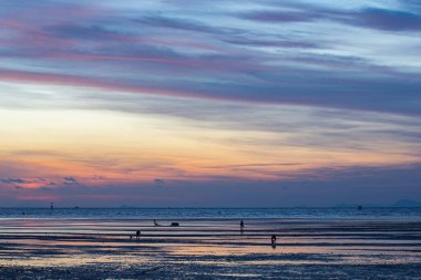Gökyüzünde renkli bulutların harmanlandığı canlı bir gün batımının büyüleyici bir görüntüsü. Yüzücülerin siluetleri suyun tadını çıkarıyor. Anın güzelliği nefesini keser.