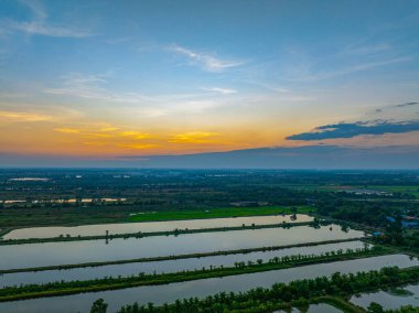 Barışçıl bir gündoğumu geniş kırsal alanları aydınlatarak, sel basmış pirinç tarlaları ve yeşil tarım arazileri boyunca sıcak altın ışığı yansıtıyor. Huzurlu sahne, kırsal kesimde sabahın erken saatlerinin sakin güzelliğini yakalar..