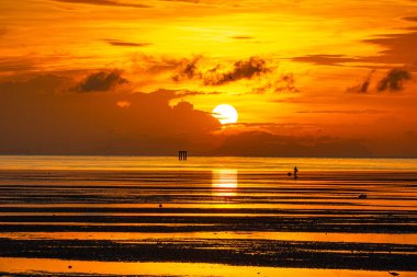 Ufukta yükselen güneşin güzel bir manzarası, gökyüzünde akan altın ışık ve suyun yansıması, uzakta dik duran yalnız bir deniz feneri, manzaraya derinlik katıyor.
