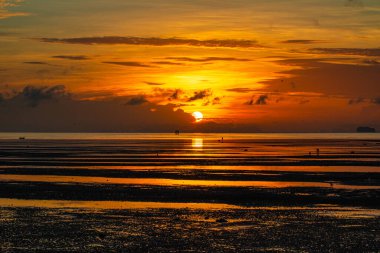 Ufukta yükselen güneşin güzel bir manzarası, gökyüzünde akan altın ışık ve suyun yansıması, uzakta dik duran yalnız bir deniz feneri, manzaraya derinlik katıyor.