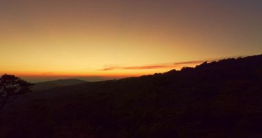 Çam ağaçlarının üzerinde huzurlu bir gündoğumu manzarası, ziyaretçilerin sisli dağların katmanlarını ve altın ışıkla yıkanmış yemyeşil çamları görmezden geldiği bir yer. Bu sakin hava manzarası özgürlüğü, temiz havayı taşır..