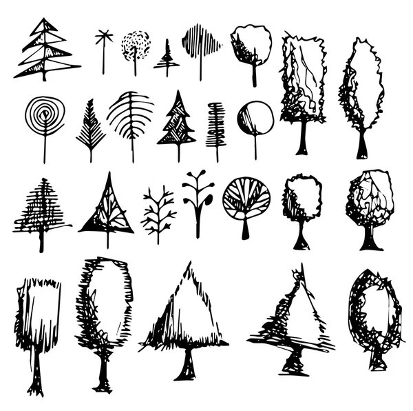 Mürekkep çizim ağaç karalamalar kümesi