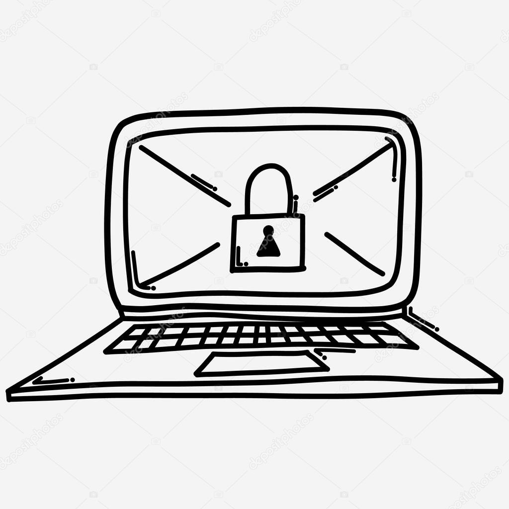Security laptop doodle vector icon. Drawing sketch illustration hand drawn line.