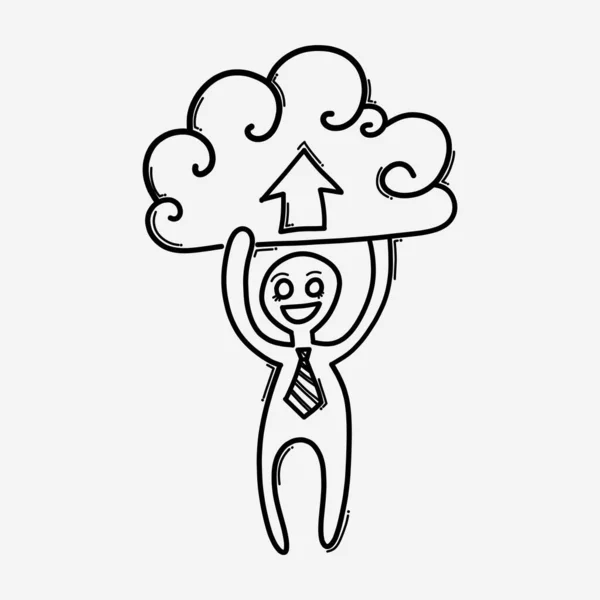 Uomo Affari Con Upload Cloud Icona Del Vettore Doodle Disegno — Vettoriale Stock
