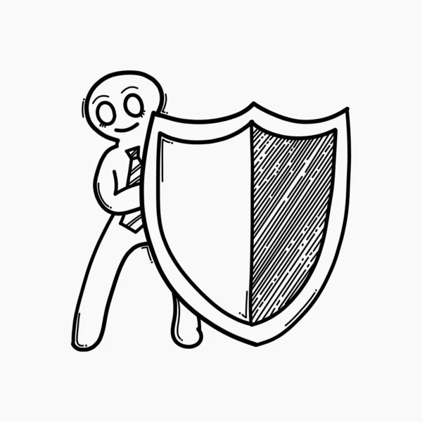 ビジネスマンは盾を持ってる ドードルベクターアイコン スケッチ図手描き漫画ライン — ストックベクタ