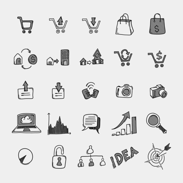 Business vector doodle icons set. Drawing sketch illustration hand drawn line.